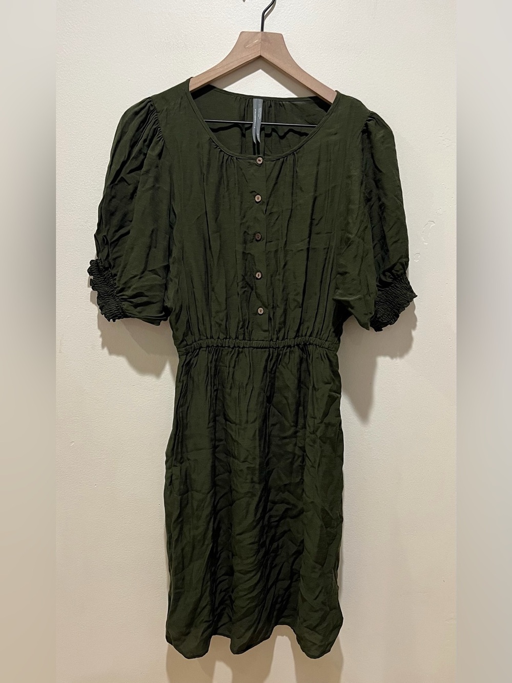 by Anthropologie Nicole Linen Dark Forest Green Puff Sleeve Midi Dress - Small
